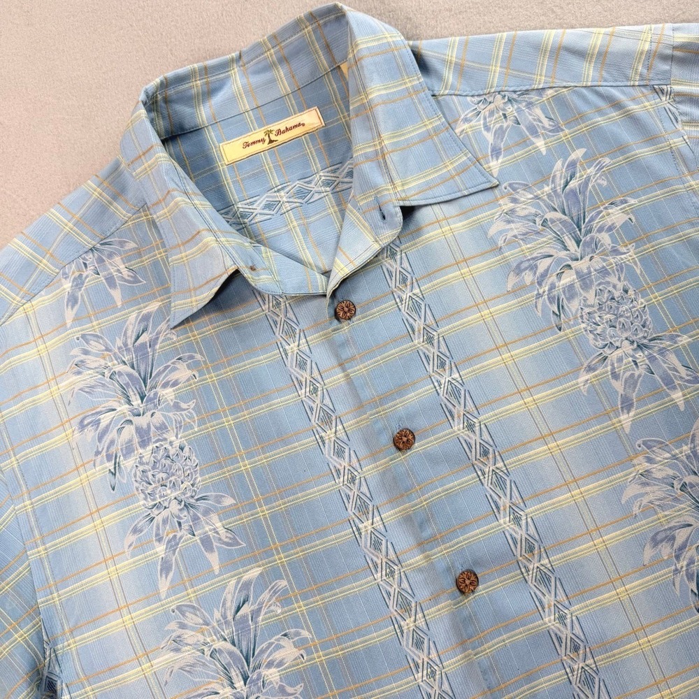 Tommy Bahama Men's Blue Silk Pineapple Plaid Tropical Polo Shirt Sz L Resortwear
